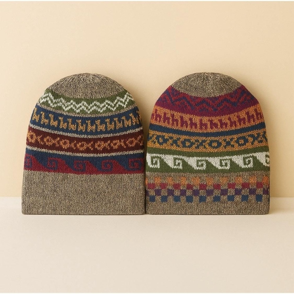 Peruvian Soul Baby Alpaca Beanie‎ Reversible Fair Isles Multi Ribbed Knit Unisex